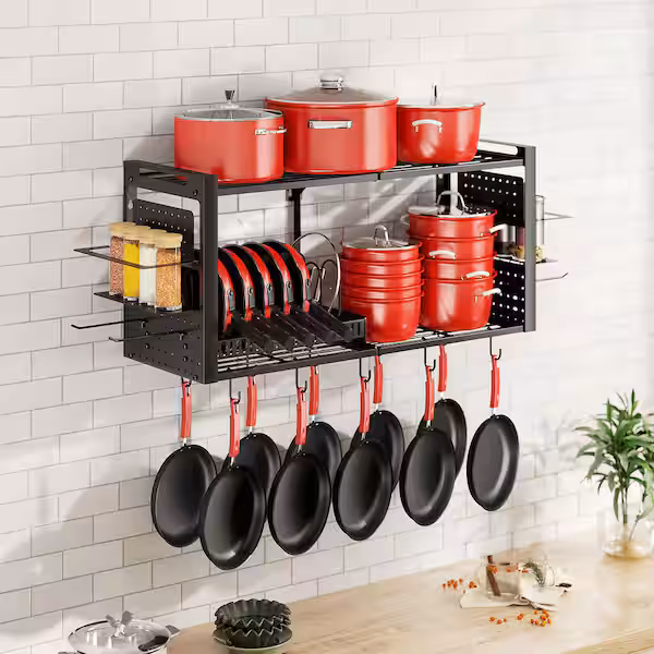 41 in. Wall Mounted Pot Rack with Pots, Pans Organizer, Pot Lid Holder, 20 Hooks for Kitchen Cookware, Utensils, Black