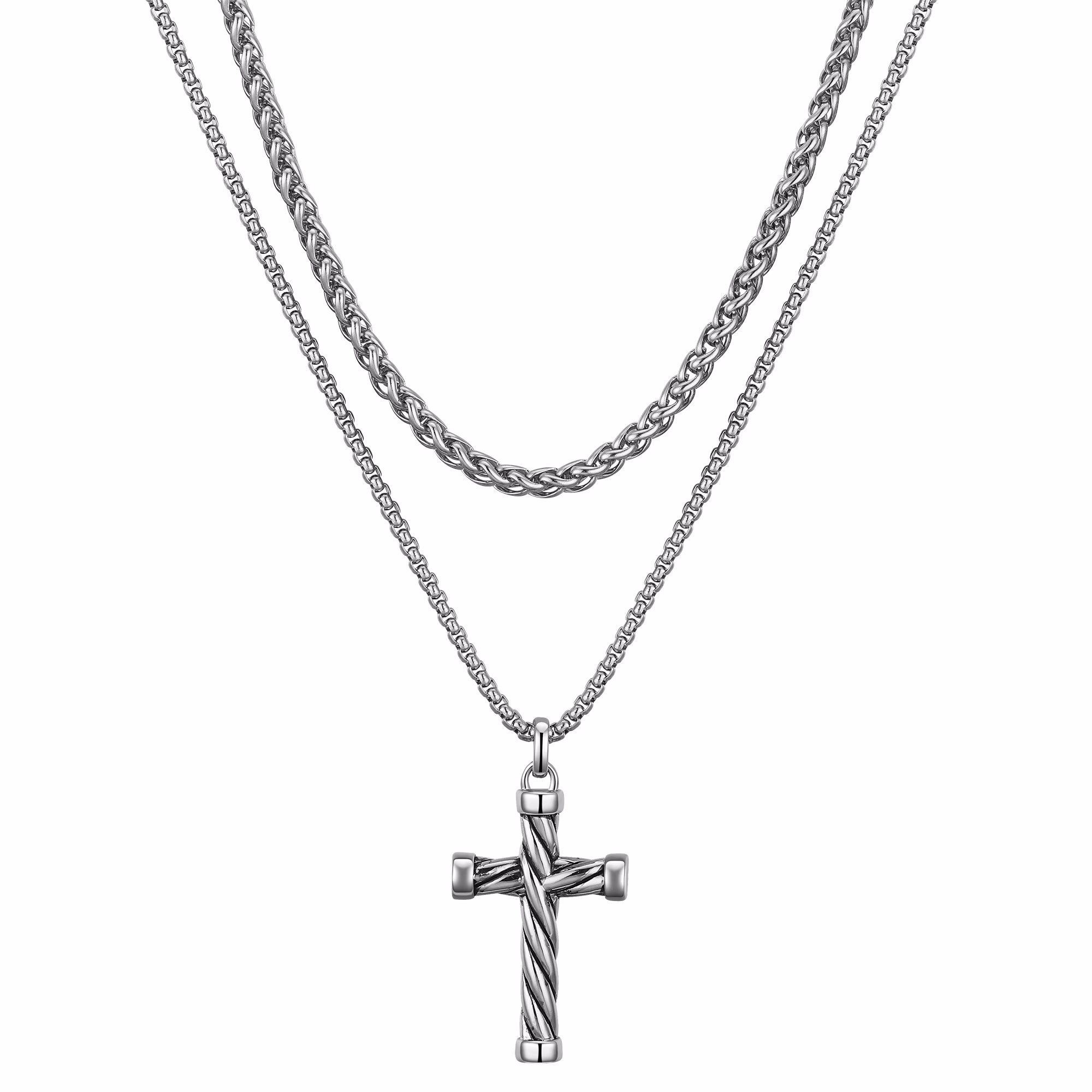 Men's Wheat Chain and Cross Necklace Set, 22/24"