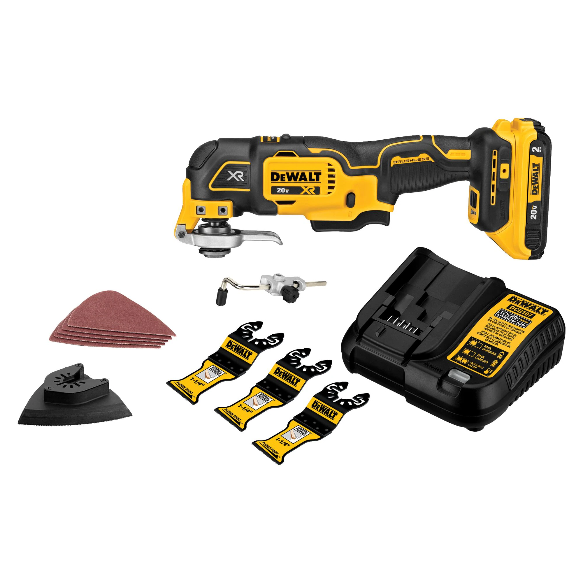 The 3-speed selector allows users to choose their speed setting based on application.. Brushless motor delivers up to 57% more run time over brushed. DUAL-GRIP™ variable speed trigger gives users ultimate speed and application control. Universal accessory adapter for use with most oscillating tool accessory brands. Quick-Change™ accessory system allows blades and attachments to be changed quickly without wrenches. Bright LED light illuminates dark work surfaces for accurate cutting. (1) 20V MAX DCB203 2.0Ah Battery (1) Depth guide (1) DCS356 20V MAX Brushless Oscillating Multi-Tool (1) Wood with nails blade (1) Fast-cut wood blade (1) Universal accessory adaptor (1) Sanding pad (5) Sheets of sandpaper (1) Charger. Lock-on/off switch helps reduce user fatigue during prolonged applications when locked-on and allows for secure storage when locked-off. DEWALT XR 20-volt Max Cordless Brushless Variable speed 13 -Piece Oscillating Multi-Tool ( Battery Included and Charger Included ) | DCS356D1