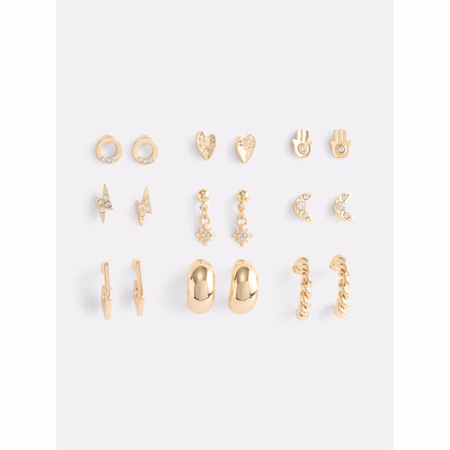 Women's Gold-Tone Stone Hand Twist Hoop Multi Earrings Set, 9-Pairs