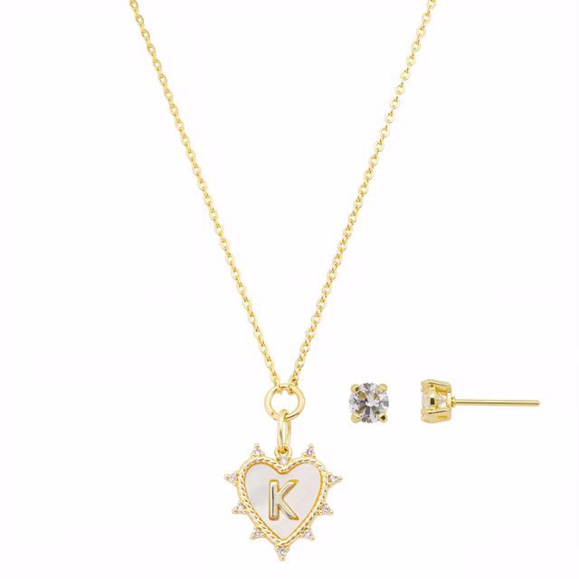 Women's 14Kt Gold Flash Plated Mother of Pearl and Cubic Zirconia Heart "K" Necklace and Earring Set