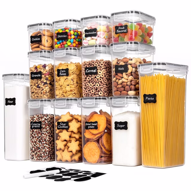 Sindcom Airtight Food Storage Containers Set, 14pcs Plastic Kitchen and Pantry Organization Canisters, Black