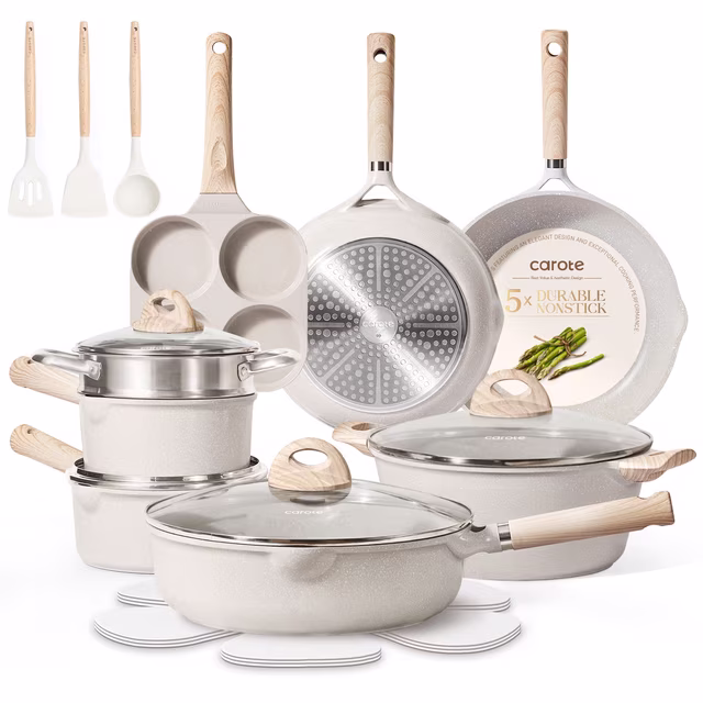 Carote 21pcs Pots and Pans Set Non Stick, Cookware Set Induction Ready, Kitchen Cooking Set, Beige