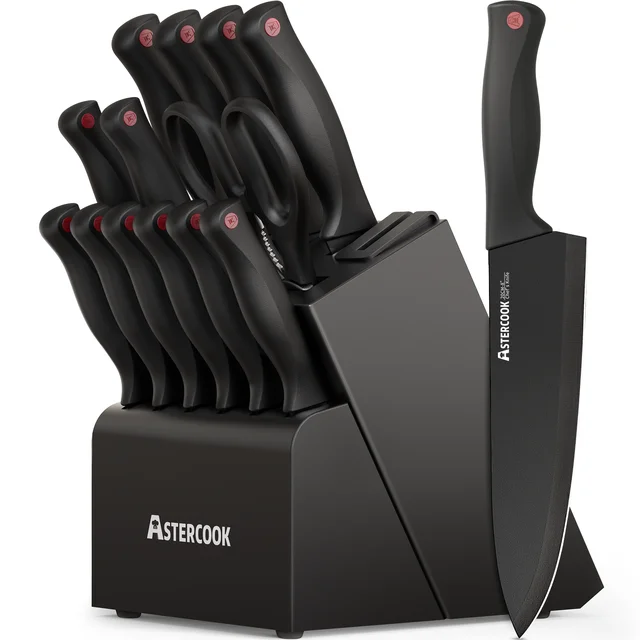 Astercook 14-Piece Kitchen Knife Set, Knives Block Set with Built-in Sharpener, Healthy Anti-Rust Coating & German Stainless Steel Knife Set, Dishwasher Safe Black