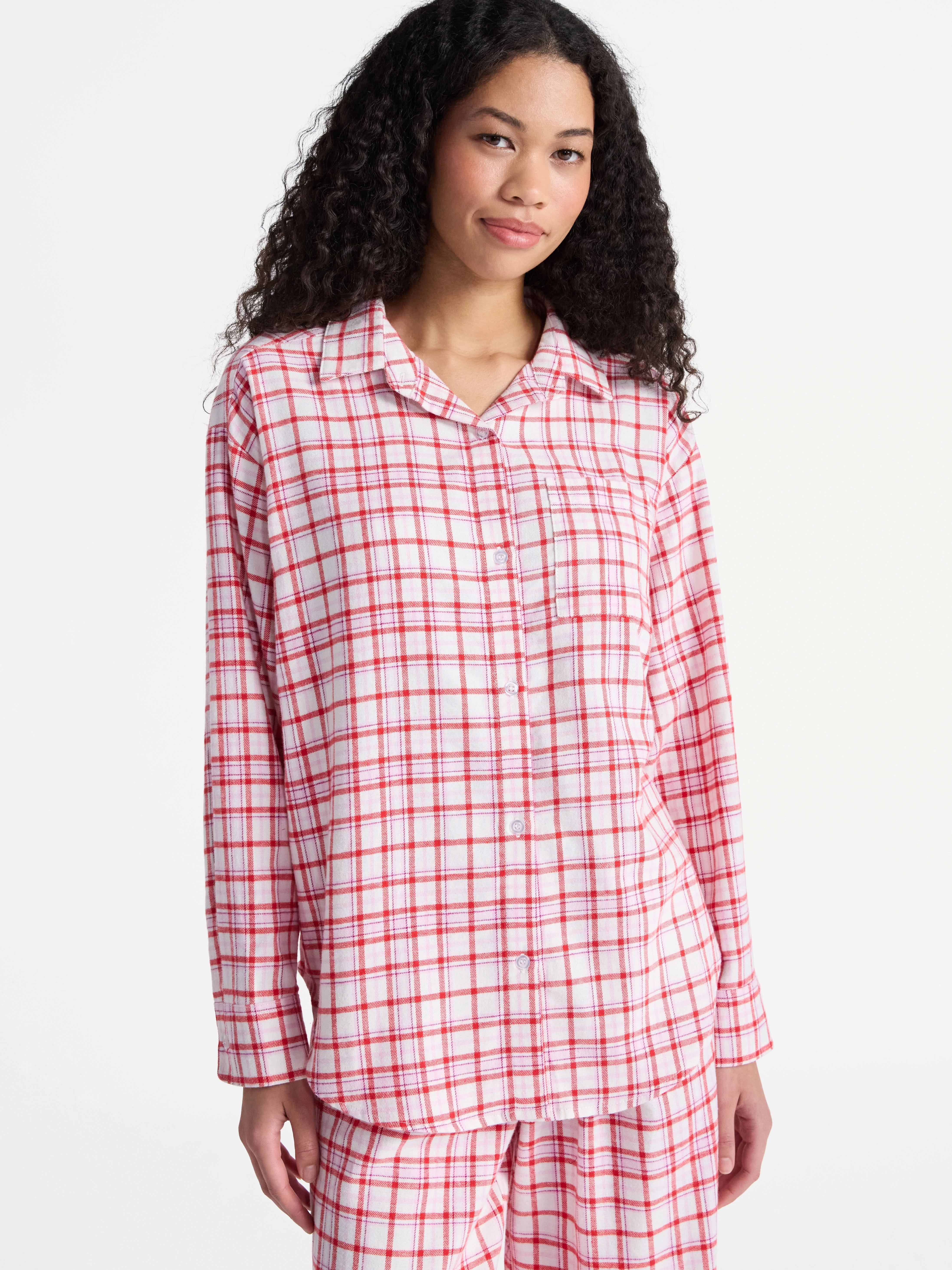 No Boundaries Sleepwear Cotton Flannel Button Down Shirt, Women’s