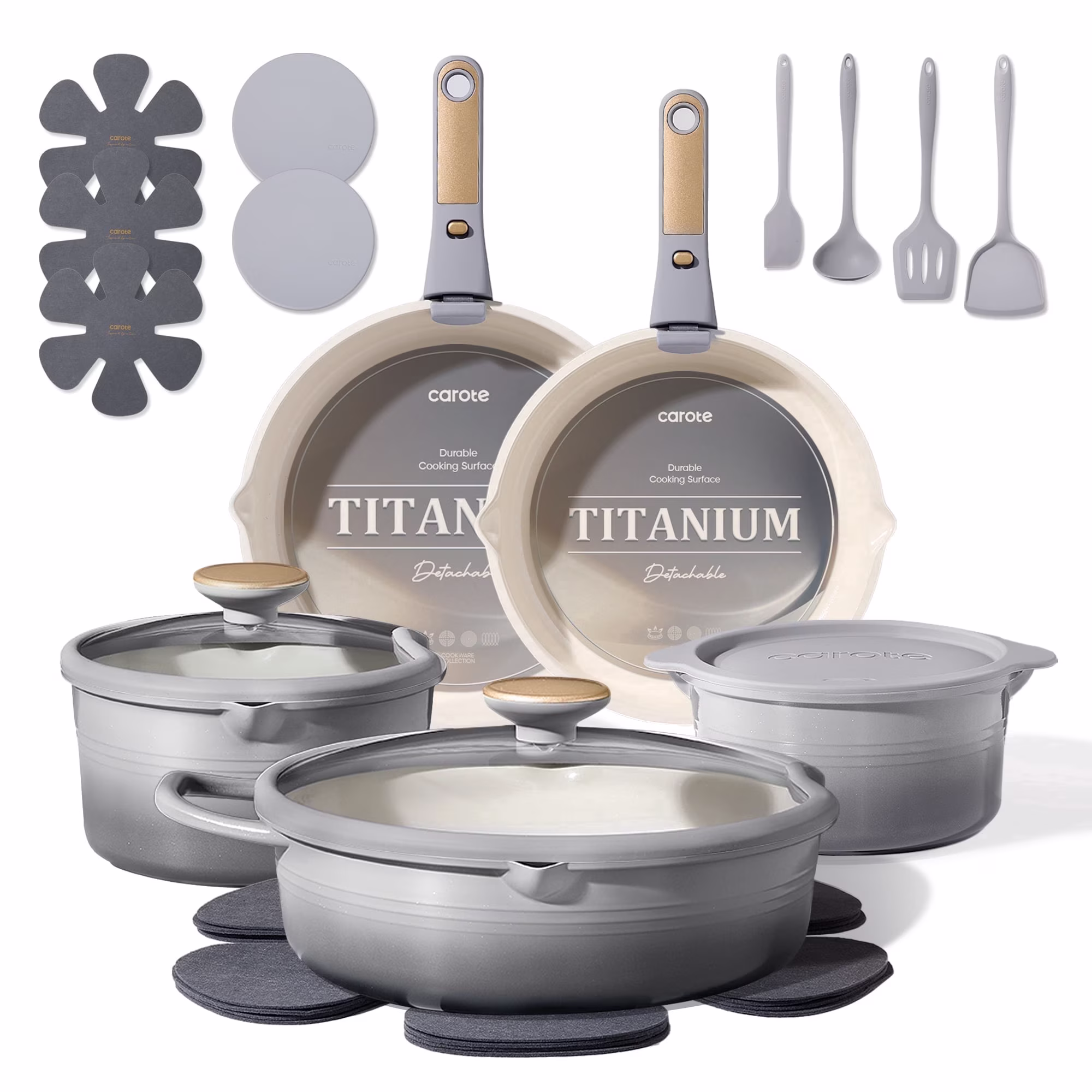 CAROTE 20-Piece Ceramic Nonstick Pots and Pans Set, Cookware Set with Kitchen Utensils Induction Compatible, Gray