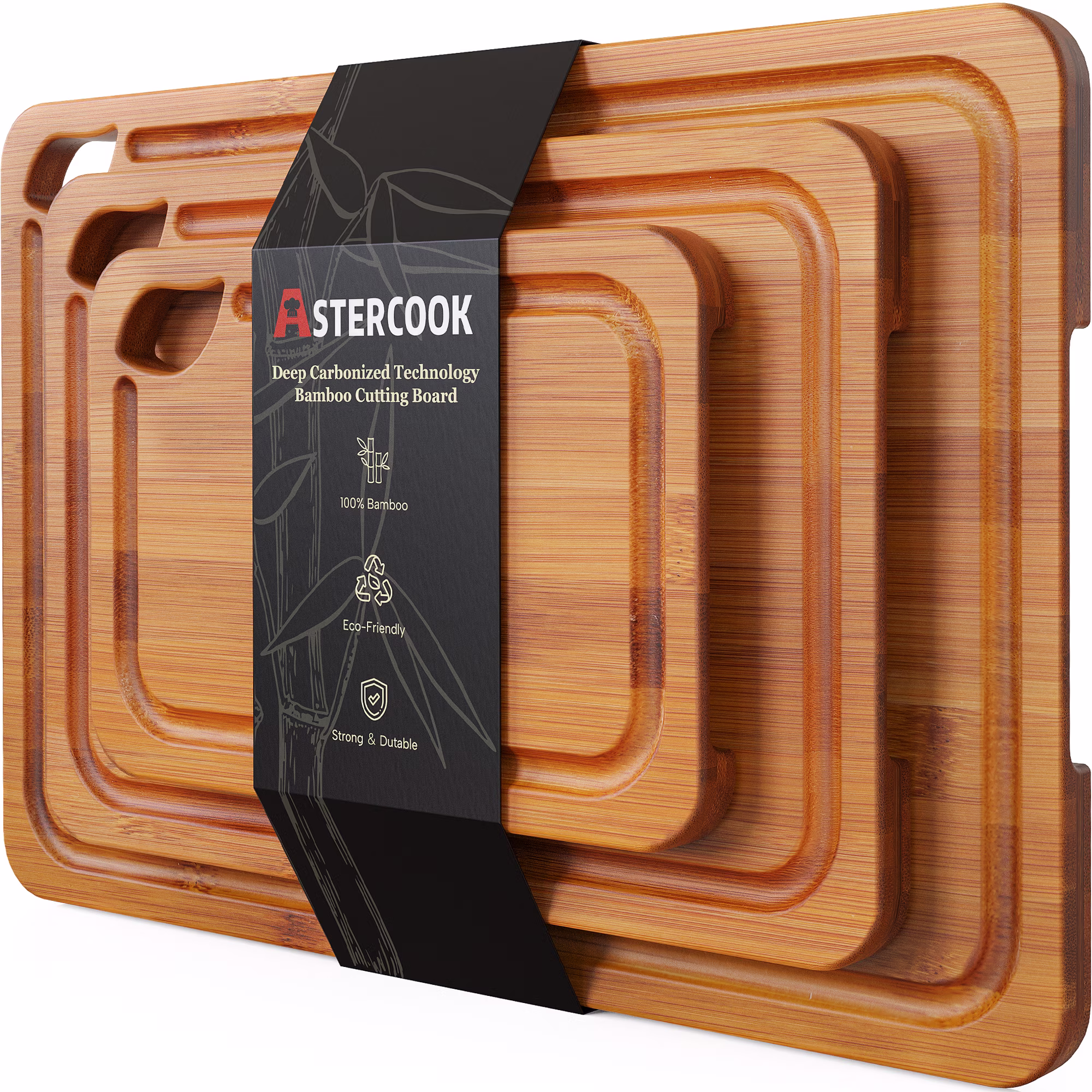 Astercook 4-Pieces Wood Cutting Board, Bamboo Chopping Board for Kitchen with Holder, Cutting Boards Set with Juice Groove and Handles, Charcuterie Board for Chopping Meat, Vegetables and Fruits