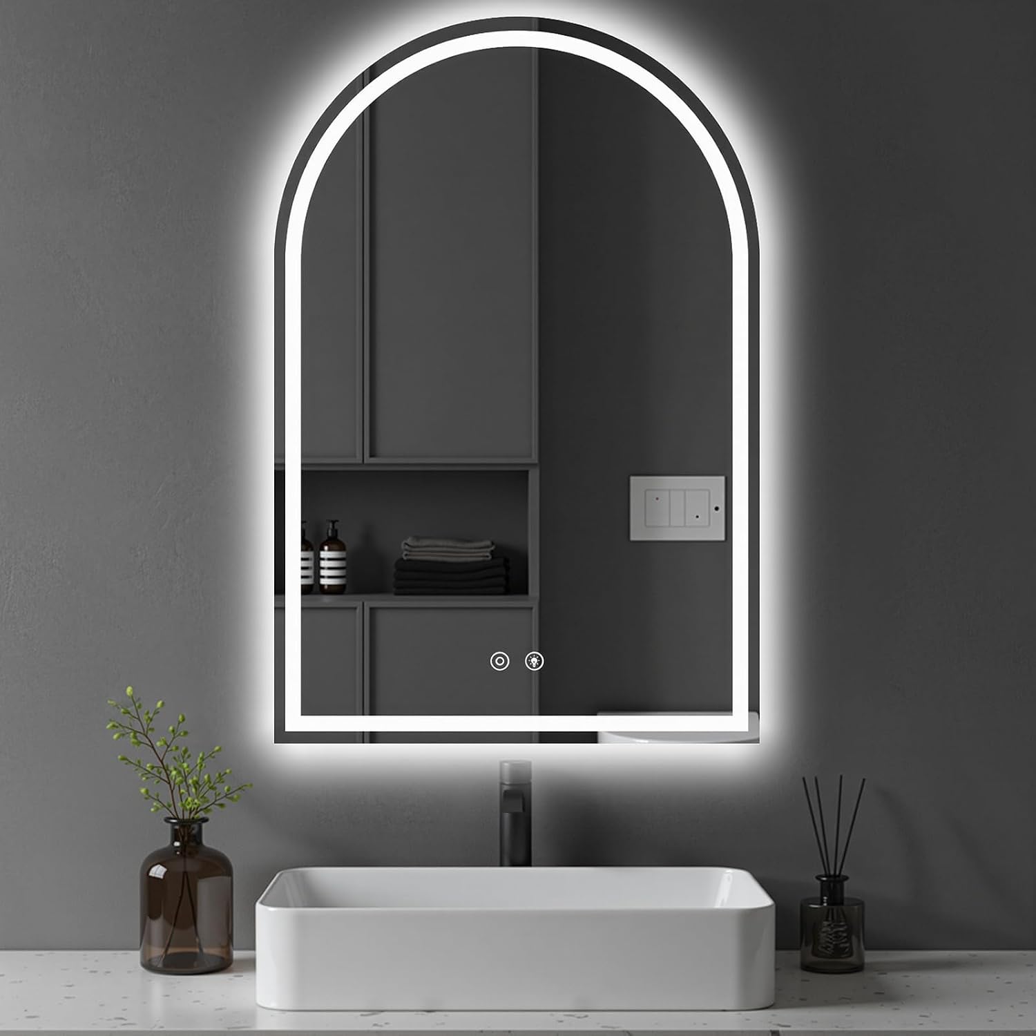 DUMOS 24"x36" LED Bathroom Mirror with Lights, Arched Vanity Mirror | Anti-Fog, Dimmable, 3-Color Light, Memory Function, Front Light and Backlit, Tempered Glass