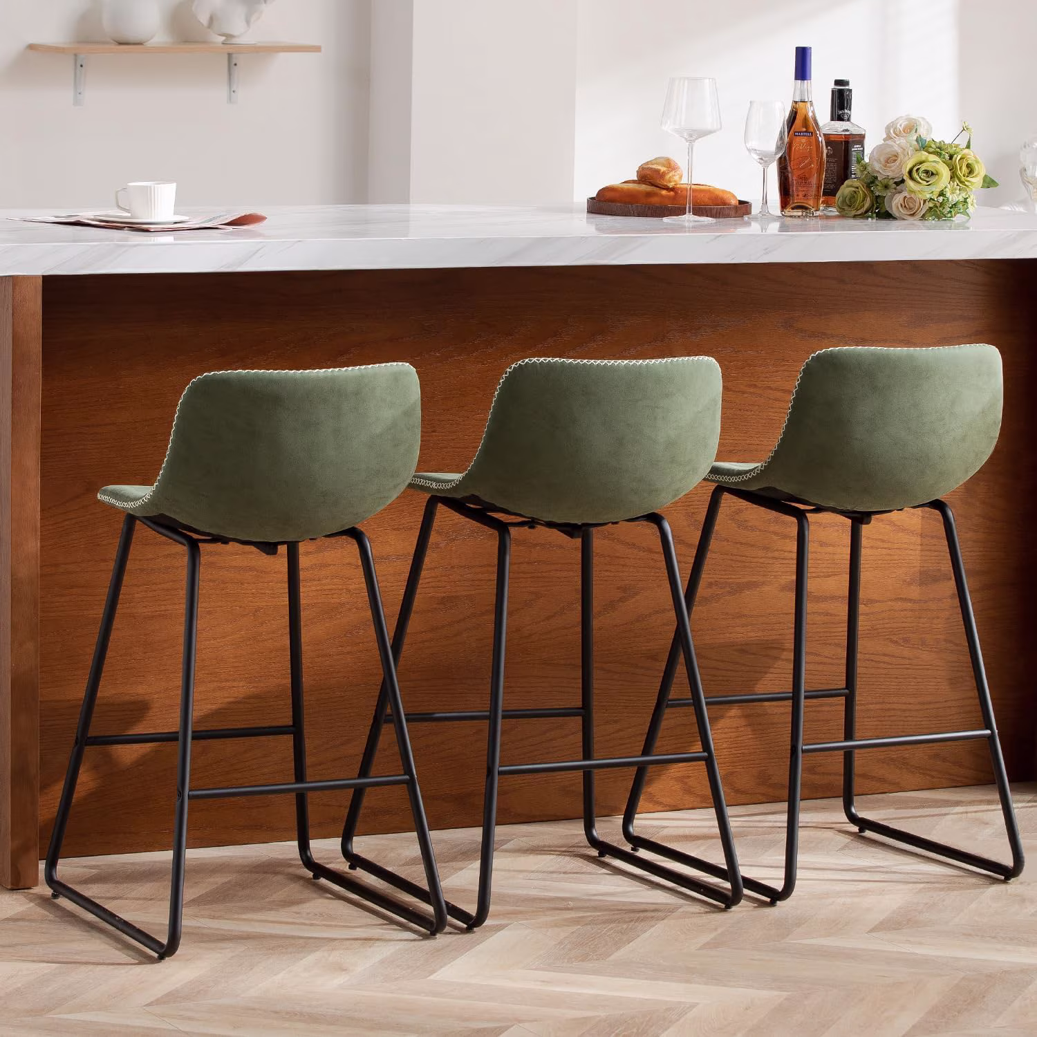 FIRAVOE Counter Height Bar Stools Set of 3 (Low Back) (26 Inch) Leather Modern Barstools Counter Stools Bar Chairs Green Bar Stools for Kitchen Island
