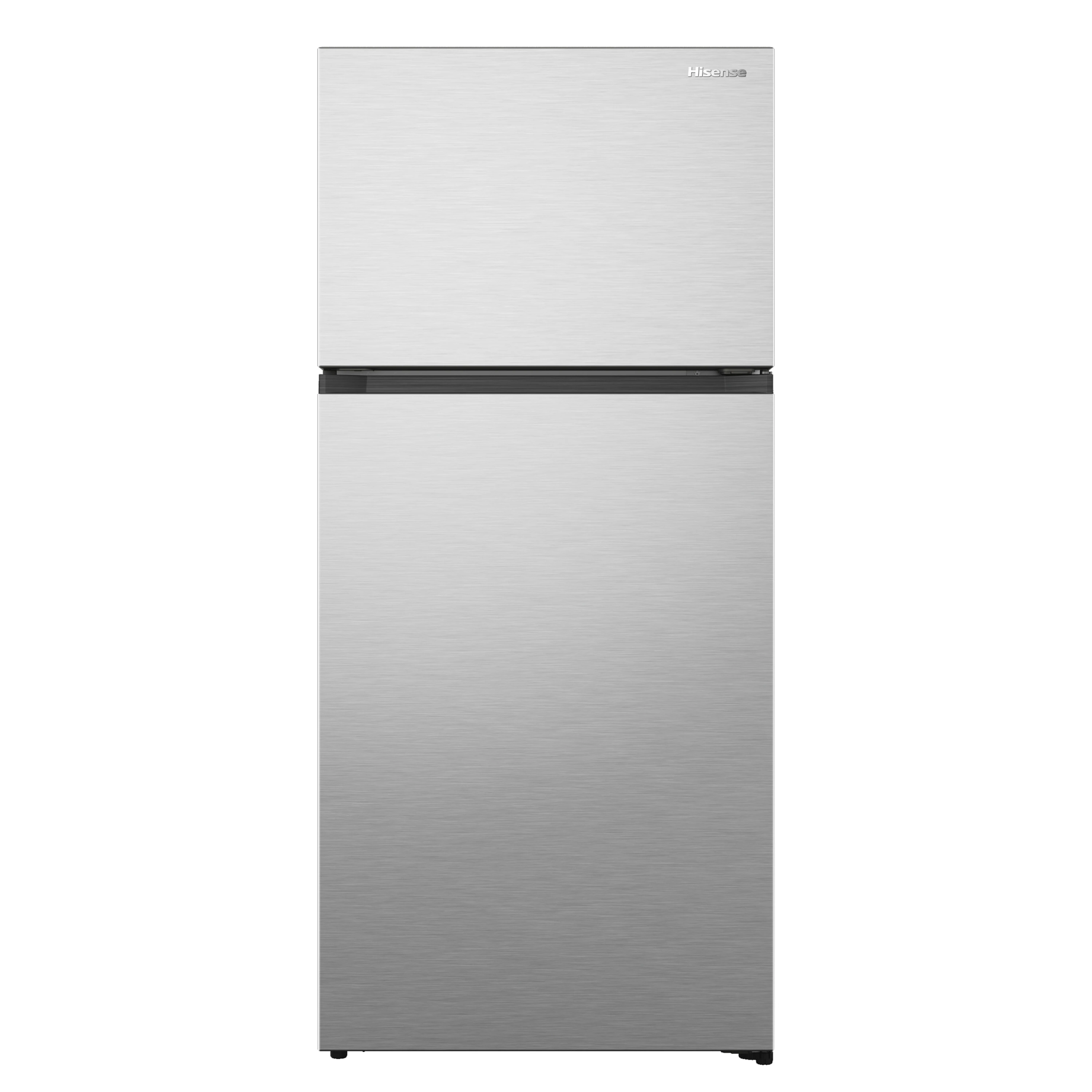 Upgrade your kitchen, garage or basement with the modern, versatile Hisense Counter-Depth Top Mount refrigerator. Designed for flexibility, this garage-ready model runs reliably from 38 to 110 degrees Fahrenheit, and its ENERGY STAR® certification keeps utility costs low while delivering dependable performance. Thoughtful features include a reversible door that opens left or right, fingerprint resistant stainless steel, gallon door storage that keeps frequently used items within reach, an Ultra Crisper drawer for added space, and adjustable glass shelves that accommodate tall bottles and jugs with ease. Optional freezer ice maker kit sold separately. Hisense 18.1-cu ft Counter-Depth 30-in Wide Top-Freezer Refrigerator ( Stainless Steel ) Garage Ready ENERGY STAR Certified | RT180N3SSEH
