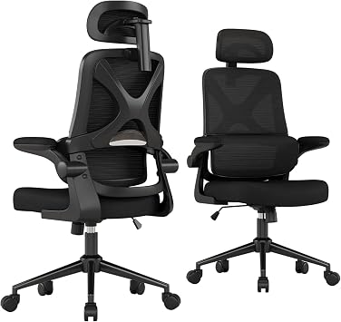Ergonomic Office Chair - Desk Chair with Adjustable Headrest Lumbar Support Computer Chair - Mesh Comfy Chair with Flip-up Armrests - Gaming Chairs for Adults Home Office (Black+Black)