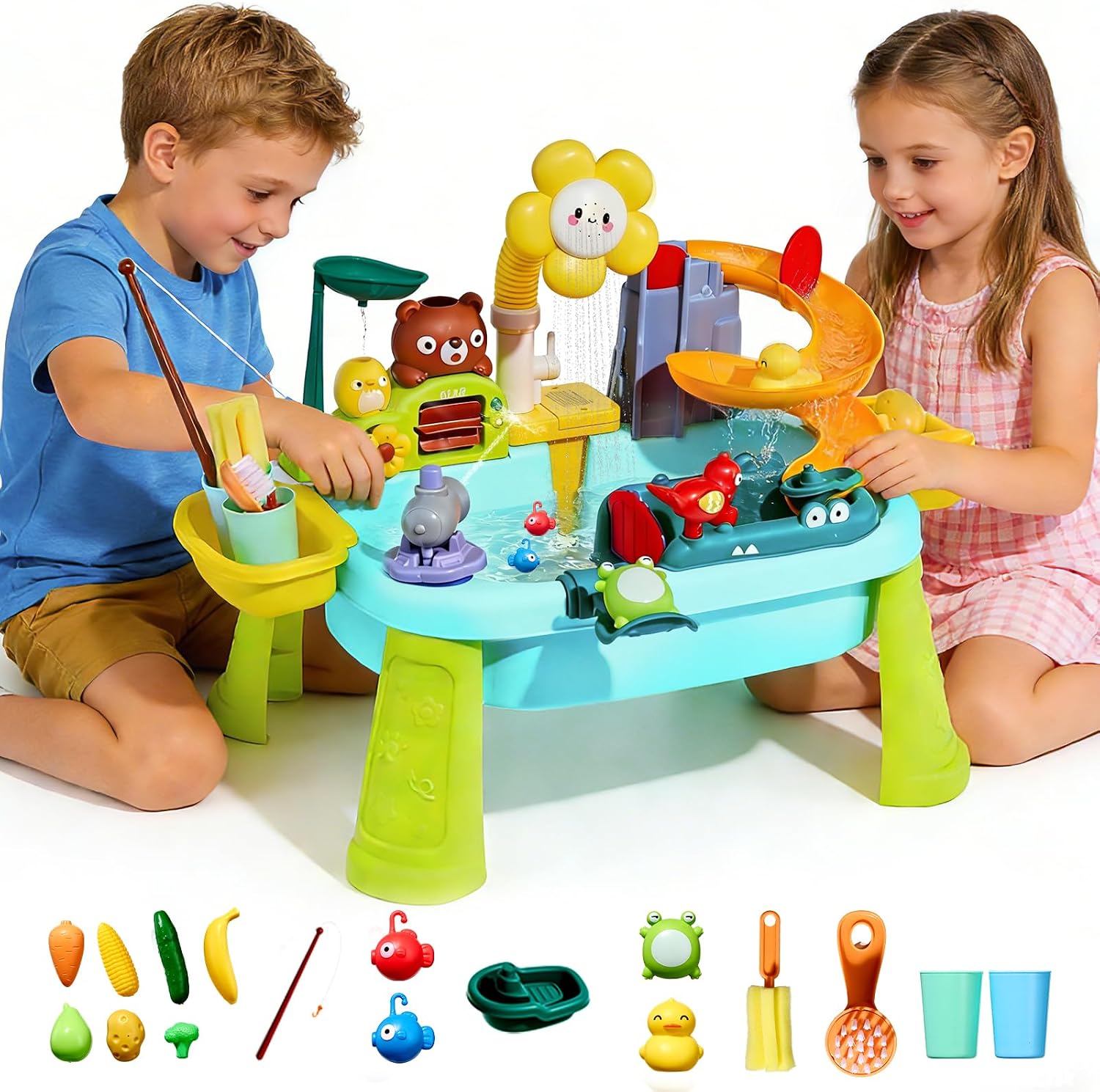 Kids Sand and Water Table, Electric Pump Play Sink, Blue | Electric recirculating faucet, removable legs, fishing game and pretend food accessories for indoor or outdoor water play