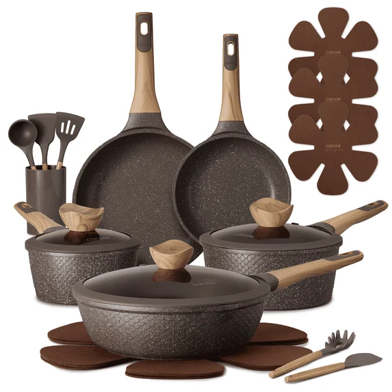 CAROTE 18-Piece Nonstick Pots and Pans, Granite Cookware Set with Kitchen Utensils, Brown
