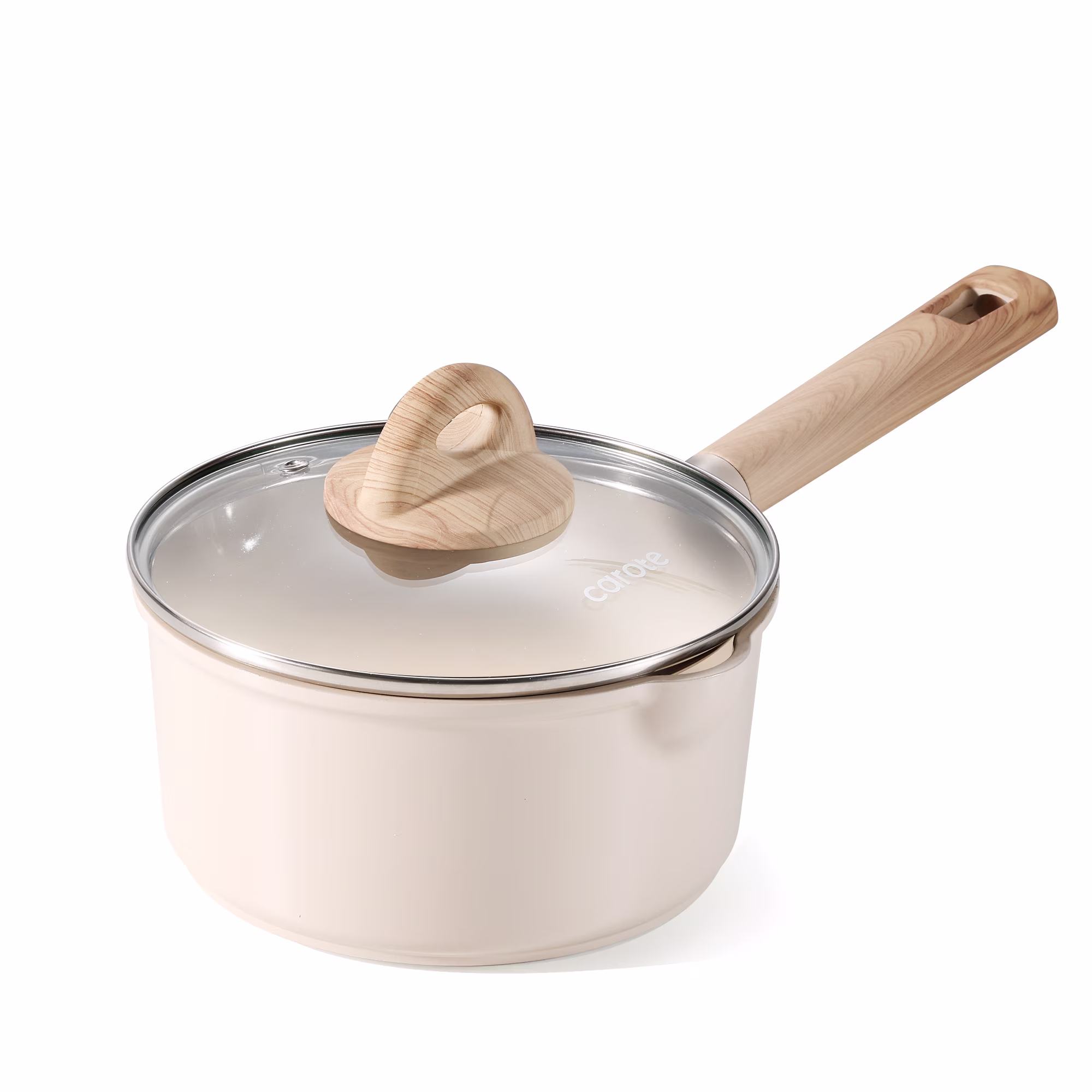 Carote Ceramic 2QT Non Stick Sauce Pan with Lid, 7" Non-Toxic Cooking Pot Bon Appetit, Taupe, Compatible with All Cooktops