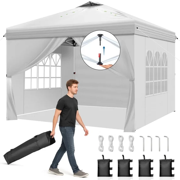Ktaxon 10x10 Ez Pop Up Canopy Tent,Outdoor Sun Shade Shelter,Outdoor Gazebo,One Push Setup with Sidewalls,1 Roller Bag,4 Sandbags,UPF50+ - White