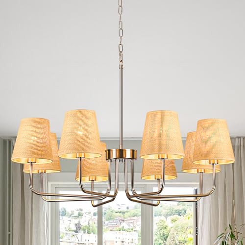 Glintawn 27" Modern Chandelier for Dining Room | 8-Light, Brass, Fabric Shade, Pendant Lights Over Table, Living Room, Entryway, Kitchen