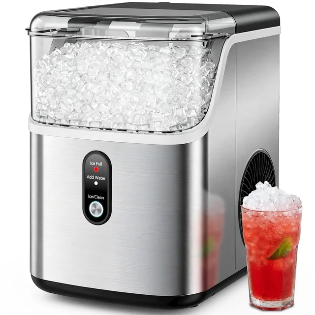 Snowyermine 35lb Nugget Ice Maker Portable Countertop, Pebble Crushed Soft Chewable Ice Maker Machine, Stainless Steel