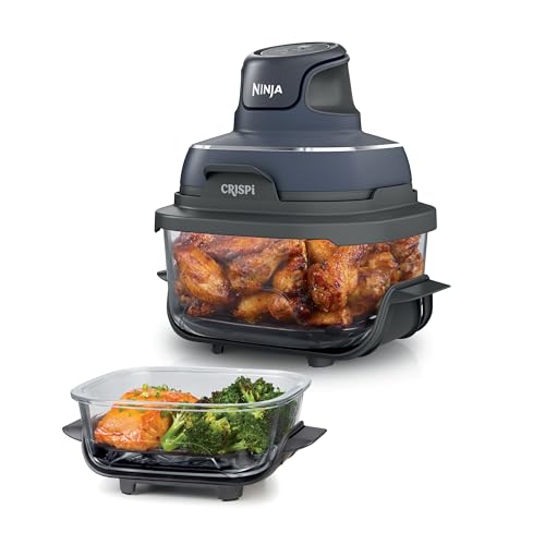 Ninja Crispi Glass Air Fryer, 4-in-1, Grey, FN101GY | Max crisp, bake, air fry, recrisp, 450F max, 4 Qt and 6 Cup containers, PFAS-free glass