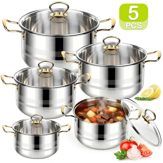 5 PCS Home Soup Pasta Pot, TAIMASI Stainless Steel Stock Pot with Visible Lid for Soup, Spaghetti, Heavy Duty Induction Cooking Pot for All Stoves, Dishwasher Safe