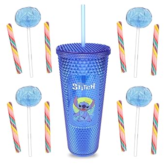 Lilo and Stitch Candy Tumbler 24 Ounce Reusable Cup with Lid and Straw, 5 Lollipops and 8 Sticks Inside, Individually Wrapped Pieces