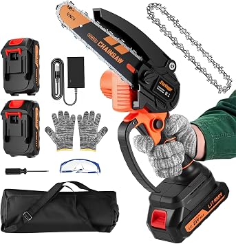 Mini Chainsaw, 6-inch Cordless Electric Small Chainsaws, Portable Handheld Chain Saw for Tree Pruning Shears Garden Maintenance, Best Fathers Day Gift for Men Dad Husband(Orange-2 Battery)
