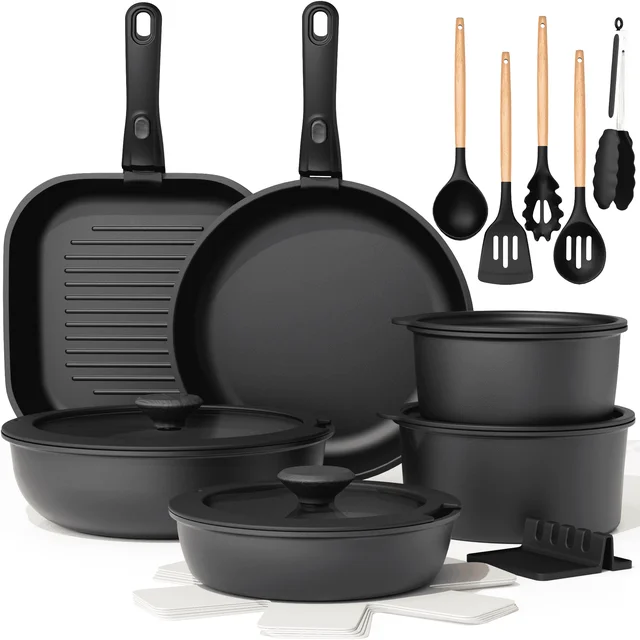 Astercook 22 Piece Pots and Pans Set Non Stick, Cookware Set with Detachable Handles, Induction Compatible & Oven Safe, Stackable Space-Saving Kitchen Cooking Set for RV, Camping & Home, Black