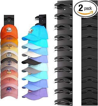 Hat Organizer for Baseball Caps 2Pack, Hat Rack for Wall with Strong Adhesive Hold up to 20 Hats, Hat Hanger Holder Display for Door Closet, Cap Organizer Storage Multilayer Two Mounting Option(Black)