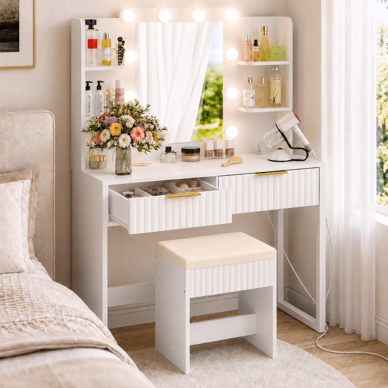 Ktaxon Lighted Makeup Vanity and Stool, White Vanity Table Set with 2 Drawer and Charging Station, Femal Gift