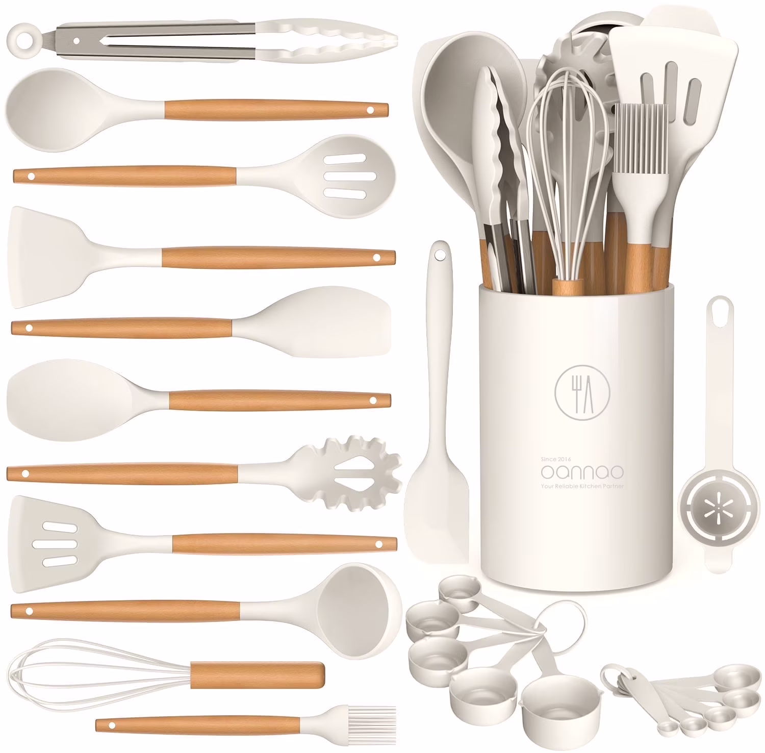 Silicone Cooking Utensils Set - Silicone Kitchen Utensils for Cooking Wooden Handles, 446°F Heat Resistant Kitchen Utensil Spatula Sets w Holder, Gadgets for Non-Stick Cookware BPA FREE (Cream White)