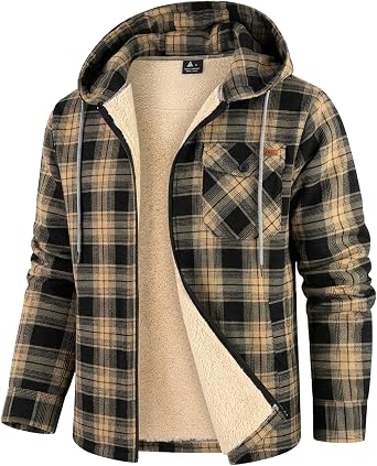 ZITY Mens Flannel Jacket Plaid Zip Up Hoodie Fleece Sherpa Lined Sweatshirt