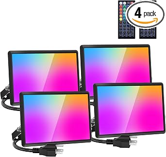 Olafus 4-Pack 40W RGB Flood Lights with Remote, Warm White LED Flood Light