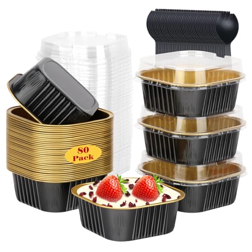 LNYZQUS 80 Pack 10oz Mini Cake Pans with Lids and Spoons for Bake Sales | Disposable, 4" Individual Baking Tins, Square Cinnamon Roll Containers, Small Aluminum Dessert Cups for Farm Stand, Black