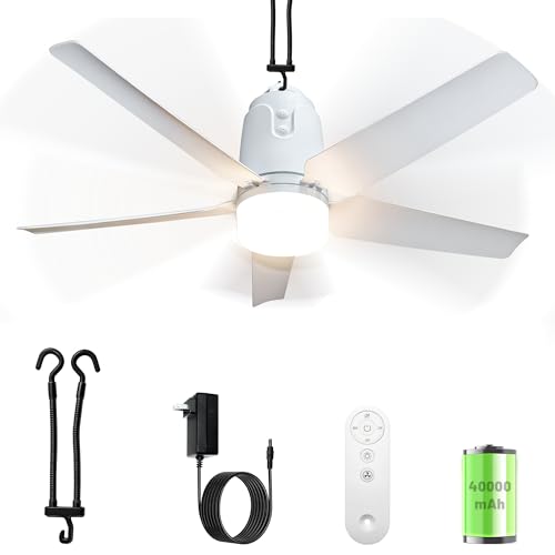 Gazebo Outdoor Ceiling Fan Light 31.5'', 40000mAh Large Portable Ceiling Fan With Remote and Hanging Hook, 4 Wind Speeds, 3000K-6500K Dimmable Canopy Fan Light For Patios, Pop Up Tent, Camping