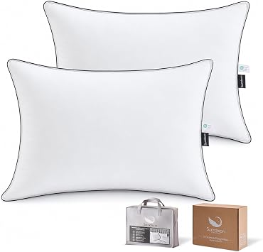 Goose Feather and Down Bed Pillows Standard Size Set of 2, Luxury 3-Chamber Pillows with Soft & Down-Proof Cover, Fluffy Plush Hotel Pillows for Side, Back & Stomach Sleepers