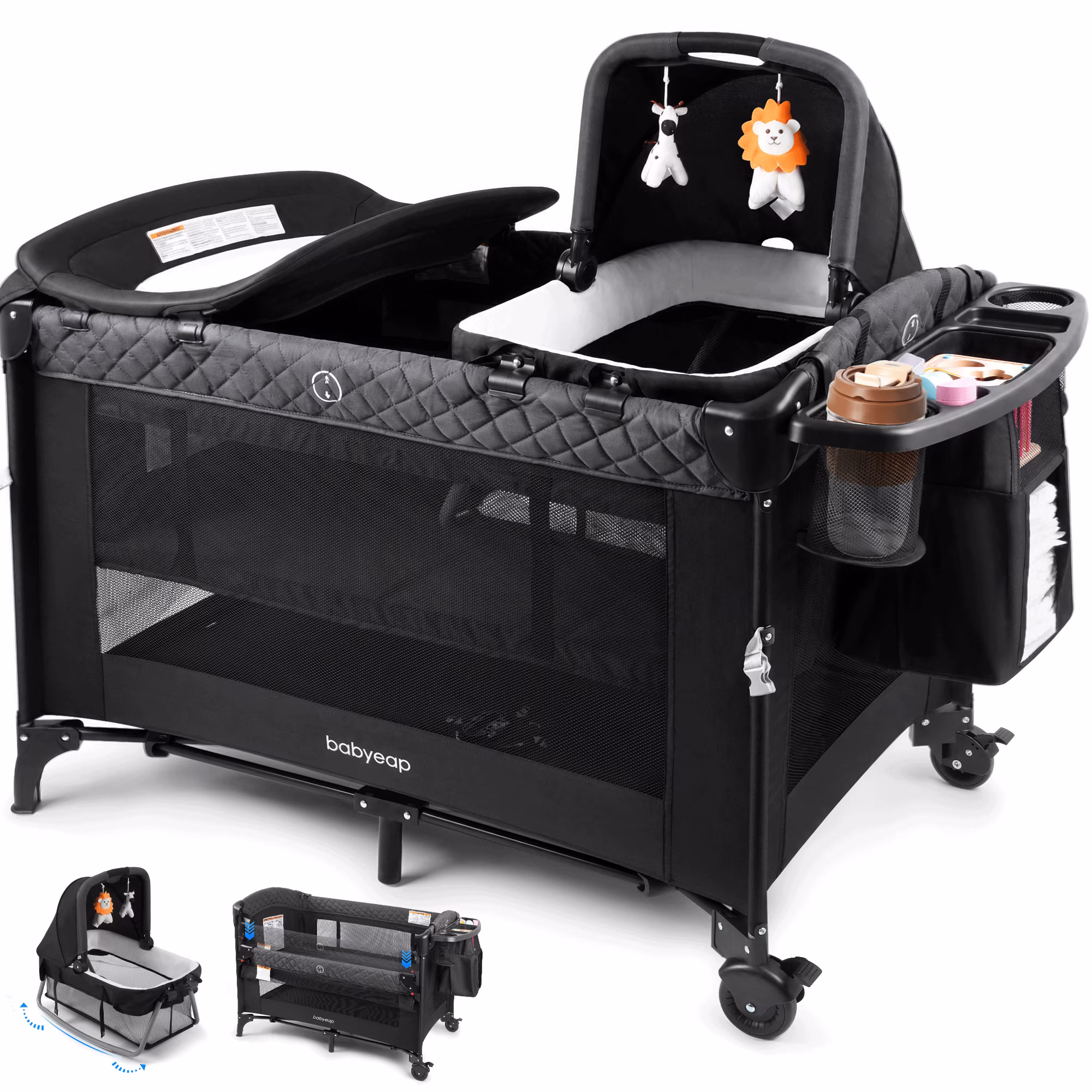 Babyeap 7-in-1 Baby Bassinet with Playard and Bedside Sleeper, Changing Table, Toy Bar, Extra Large Storage Bag, Travel Crib for Newborns and Infants, Black