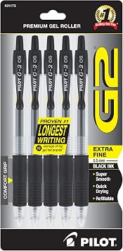 PILOT G2 Premium Gel Pens, Extra Fine Point 0.5mm, Black Ink, 5-Pack