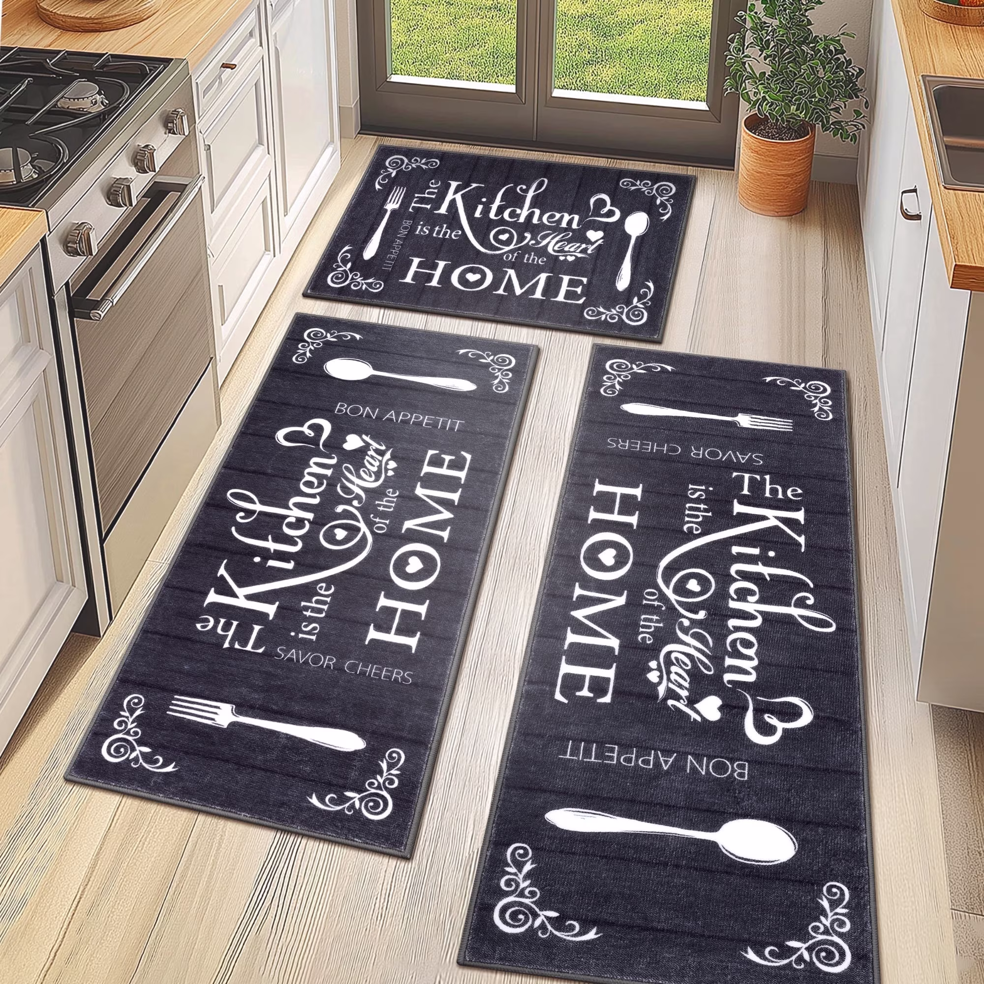 MeyJey Farmhouse Kitchen Rug Set, 3 Piece Non-Slip Kitchen Mat Machine Washable Runner Rug for Home Floor and Living Room, Black/White