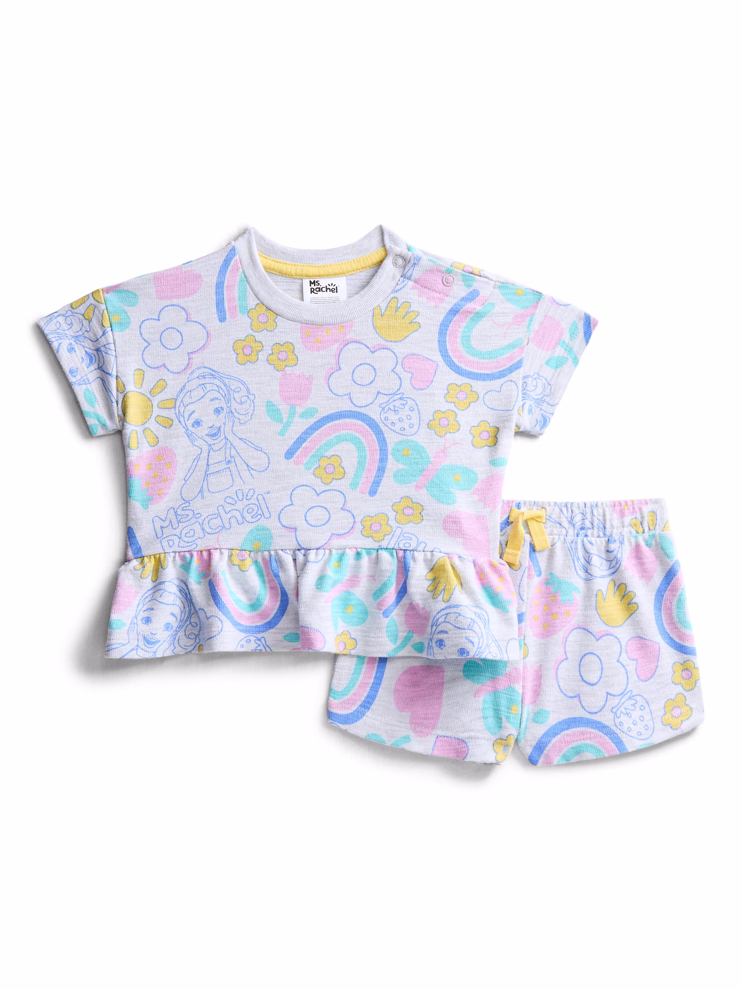 Ms. Rachel Baby Girls' Allover Print Short Sleeve Tee and Matching Shorts Set, 2-Piece, 0/2M-6/9M