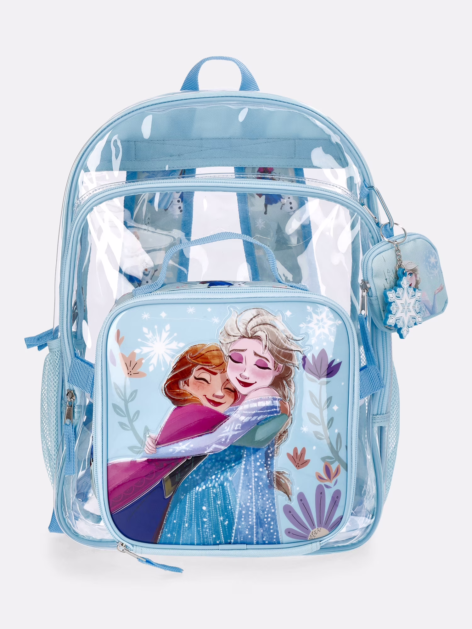 Disney Frozen Girls 17" Clear Elsa & Ana Backpack with Lunch Box & Bag Charm, 3-Piece Set, Blue