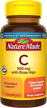 Nature Made Vitamin C 500 mg with Rose Hips Caplets, 130 Caplets