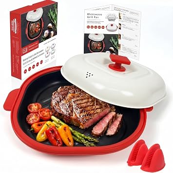 AHJ Microwave Grill Pan with Lid for Meat, Browning and Crisping，Red
