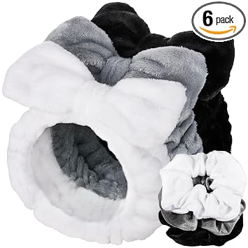 LEOBRO Spa Headband, 6pcs Makeup Headbands and Hair Scrunchies, Bow Skin Care Headband for Washing Face for Teen Girls Women, Easter Basket Valentines Christmas Gift for Girls, Black & White & Gray