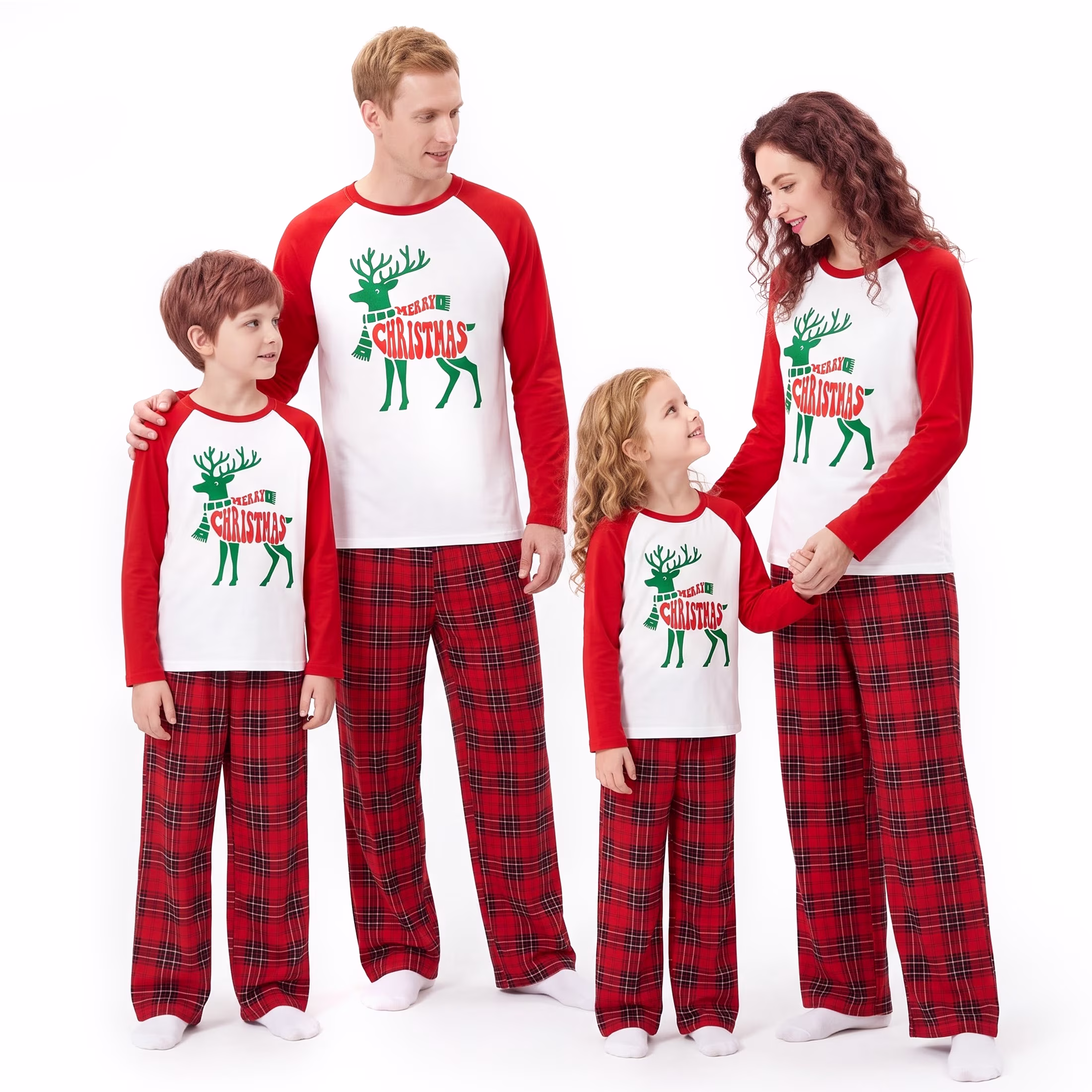 NIPAXO Matching Family Christmas Pajamas Set - Raglan Reindeer Graphic Top with Red Plaid Pants for Men, Women, Kids