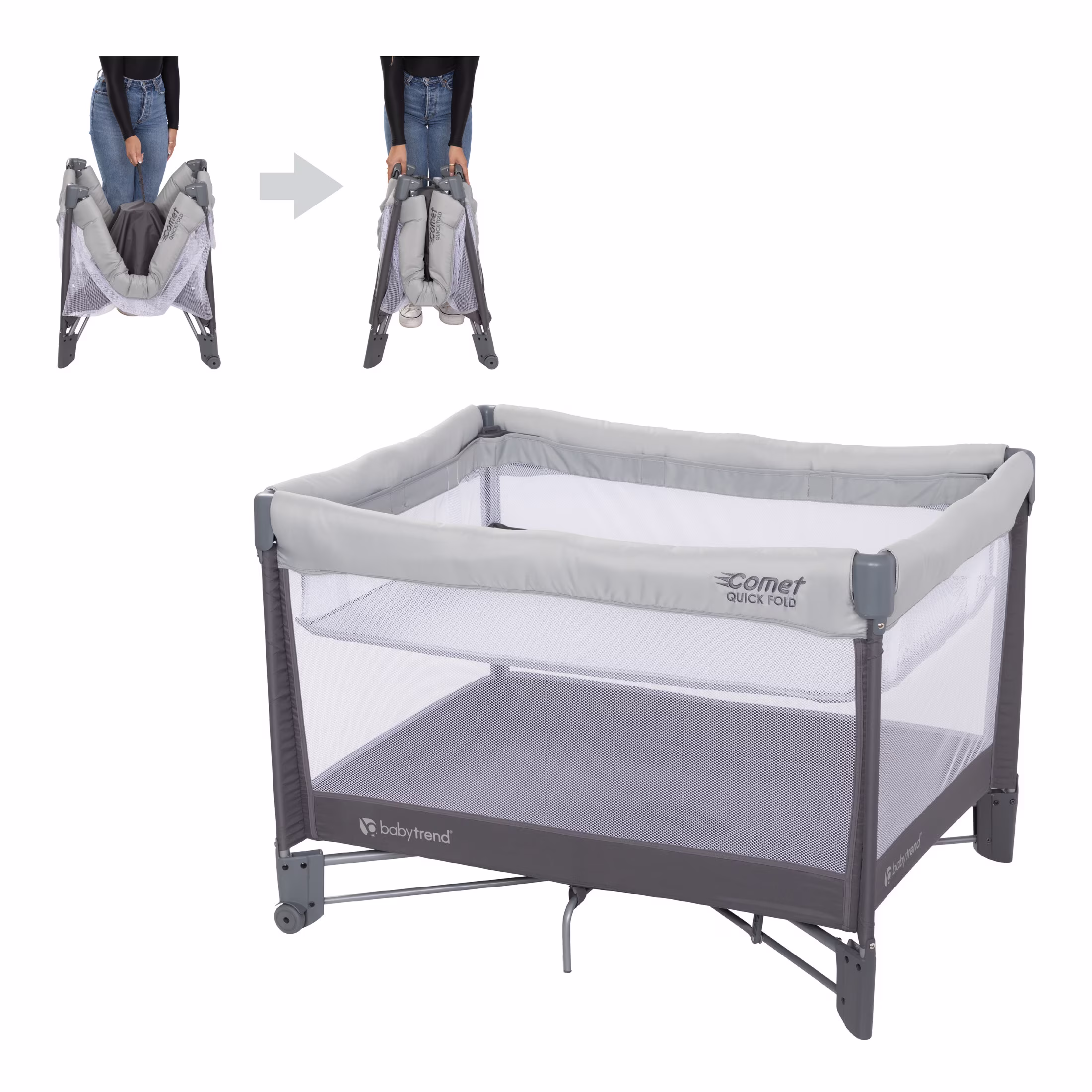 Baby Trend Comet Quick-Fold Playard with Full-Size Hanging Bassinet and Travel Bag, Desert Grey