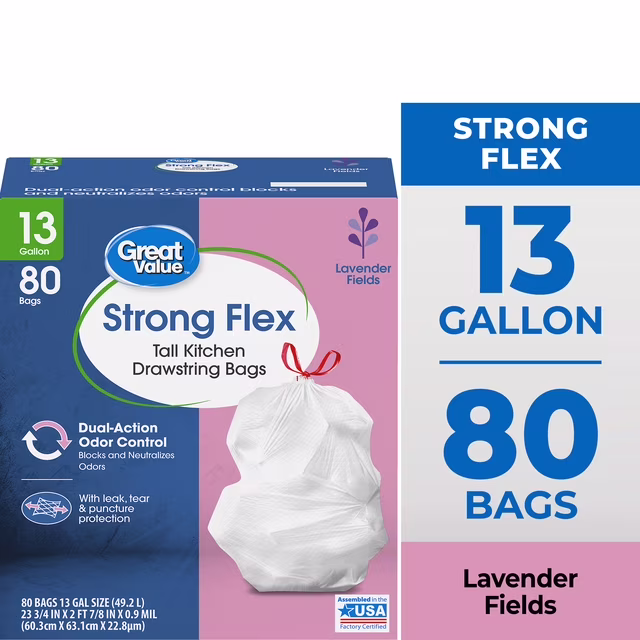 Great Value Strong Flex Tall Kitchen Drawstring Bags, Lavender Fields, 13 Gallon, 80 Count