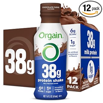 Orgain 38g High Protein Grass-Fed Shake, 6g BCAAs, Chocolate, 14 oz, 12pk