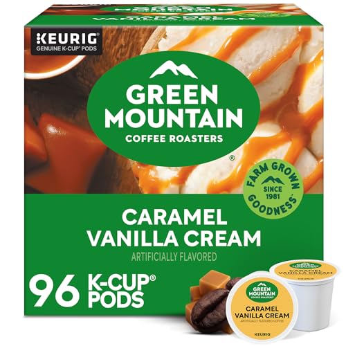 Green Mountain Caramel Vanilla Cream Coffee, K-Cup Pods, 96 Count Light roast, Warm caramel, Vanilla cream & brown sugar notes, Responsibly sourced, Kosher, 4 Packs of 24