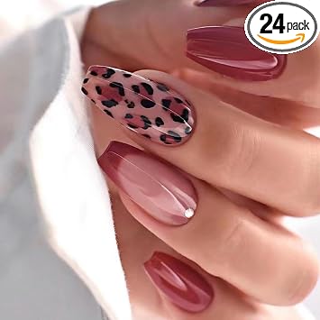 24 Pcs French Tip Press on Nails Medium Coffin Fake Nails with Leopard Rhinestones Designs Nails Press ons Red Glue on Nails Fall Winter Stick on Nails for Women