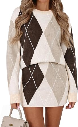 Tankaneo Womens Plaid 2 Piece Skirt Sets Color Block Knit Sweater Sets