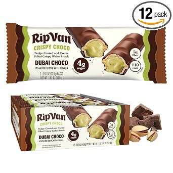 Rip Van Dubai Choco Bars – Healthy Snack with Creamy Pistachio & Toasted Kunafa – Dubai Choco Flavor – 4g Sugar, 5g Fiber – Guilt-Free Indulgence – 12 Pack